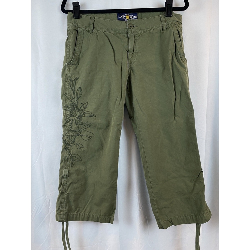 Lucky Brand Olive Green Cropped Cargo Pants with Side Leaf Embroidery